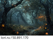 Spooky halloween forest with pumpkins and monster lurking in the fog. Стоковое AI-изображение, AI-художник Иван Рябоконь / Фотобанк Лори
