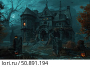 Spooky haunted house with pumpkins and bats flying during halloween night. Стоковое AI-изображение, AI-художник Иван Рябоконь / Фотобанк Лори