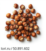 Hazelnuts forming a pile on a white background. Стоковое AI-изображение, AI-художник Иван Рябоконь / Фотобанк Лори