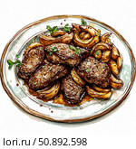 Жареное мясо с луком на белом фоне. Акварель. Стоковое AI-изображение, AI-художник Мария Ульянова / Фотобанк Лори