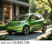 A green car is parked in front of a house. Стоковое AI-изображение, AI-художник Ярославский Максим / Фотобанк Лори