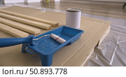 Painting tools and wooden planks prepared for home renovation, blue roller tray, paint can and pine boards neatly arranged on cardboard and protective film, DIY workspace, renovation, painting shelf. Стоковое видео, видеограф Сергей Тимофеев / Фотобанк Лори