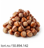 Pile of hazelnuts forming a big mound on white background. Стоковое AI-изображение, AI-художник Иван Рябоконь / Фотобанк Лори