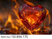 Faceted crystal heart burning in fiery passion background. Стоковое AI-изображение, AI-художник Иван Рябоконь / Фотобанк Лори
