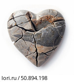 Broken stone heart showing lost love on white background. Стоковое AI-изображение, AI-художник Иван Рябоконь / Фотобанк Лори