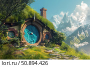 Cozy hobbit house nestled in a breathtaking mountain landscape. Стоковое AI-изображение, AI-художник Иван Рябоконь / Фотобанк Лори