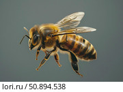 Honey bee flying with grey background, insect pollinating and buzzing around. Стоковое AI-изображение, AI-художник Иван Рябоконь / Фотобанк Лори