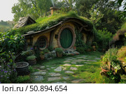 Cozy hobbit house nestled in lush green landscape inviting exploration. Стоковое AI-изображение, AI-художник Иван Рябоконь / Фотобанк Лори