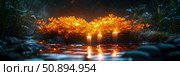Magical floral shrine by the water Concept: Serene candlelight, Purpose: Meditative backdrop or remembrance. Стоковое AI-изображение, AI-художник Данила Большаков / Фотобанк Лори
