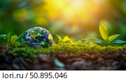Concept: Ecological Awareness: Miniature Earth Globe with Seedlings Symbolizing Growth and Environmental Stewardship. Стоковое AI-изображение, AI-художник Данила Большаков / Фотобанк Лори