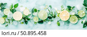Citrus Splash: Refreshing slices of lemon and lime arranged with ice cubes and mint leaves for cool Summer Drink Illustration. Стоковое AI-изображение, AI-художник Данила Большаков / Фотобанк Лори