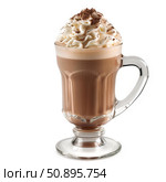 Hot chocolate with whipped cream and chocolate sprinkles in irish coffee glass. Стоковое AI-изображение, AI-художник Иван Рябоконь / Фотобанк Лори