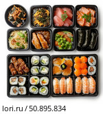 Plastic trays containing variety of japanese food including sushi rolls, nigiri, sashimi, and cooked dishes. Стоковое AI-изображение, AI-художник Иван Рябоконь / Фотобанк Лори