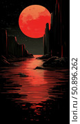 Cosmic alien landscape featuring a colossal crimson planet reflecting in dark, enigmatic waters between jagged, towering rock formations, ideal for a book cover or wallpaper. Стоковое AI-изображение, AI-художник Данила Большаков / Фотобанк Лори