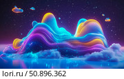 A vibrant ethereal cosmic landscape featuring luminous undulating fluid forms and glowing particles against a starry expanse, ideal for digital artwork. Стоковое AI-изображение, AI-художник Данила Большаков / Фотобанк Лори