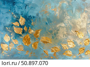 Golden leaves falling on textured teal background, abstract art representing autumn. Стоковое AI-изображение, AI-художник Иван Рябоконь / Фотобанк Лори
