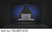 Vector dark 3d mobile computer. Fraudster, scammer with gray laptop, hoodie and human skull mask on screen. Danger, internet data thief. Hacker. Digital technologies. Cyber security. Стоковая иллюстрация, иллюстратор GAlexS / Фотобанк Лори