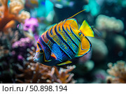 Royal angelfish swimming in coral reef aquarium. Стоковое AI-изображение, AI-художник Иван Рябоконь / Фотобанк Лори