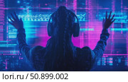 A captivating back view of an individual with headphones reaching out to an immersive cybernetic reality of glowing data streams. Стоковое AI-видео, аниматор Данила Большаков / Фотобанк Лори