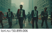 A chilling procession of suit-clad undead beings with luminous eyes advancing through a desolate urban street under a pallid moon. Стоковое AI-видео, аниматор Данила Большаков / Фотобанк Лори