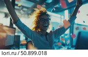 Ecstatic professional woman raising arms in triumph amidst falling notes in a bright workspace. Стоковое AI-видео, аниматор Данила Большаков / Фотобанк Лори