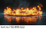 Blazing inferno forming a perfect burning ring on a damp dark ground, casting fiery reflections with rising embers. Стоковое AI-видео, аниматор Данила Большаков / Фотобанк Лори
