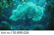 Ethereal luminescent tree shimmering with turquoise energy amidst a deep, otherworldly woodland realm. Стоковое AI-видео, аниматор Данила Большаков / Фотобанк Лори