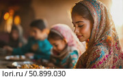 Young woman wearing a richly embroidered traditional head covering, softly illuminated by warm sunlight during a shared family meal. Стоковое AI-видео, аниматор Данила Большаков / Фотобанк Лори