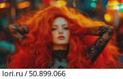 Vibrant portrayal of a captivating woman adorned with a magnificent fiery mane amidst glowing orbs. Стоковое AI-видео, аниматор Данила Большаков / Фотобанк Лори