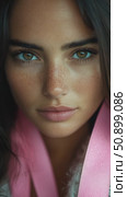 A captivating close-up portrait revealing the natural beauty of a woman with striking freckles and soulful eyes. Стоковое AI-видео, аниматор Данила Большаков / Фотобанк Лори