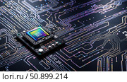 Процессор на печатной плате в неоновых цветах / Processor on a printed circuit board in neon colors. Стоковое AI-изображение, AI-художник Валерий Лукин / Фотобанк Лори