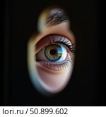 A beautifully painted watercolor piece captures the essence of curiosity through a close up of an eye peering through a keyhole, inviting viewers to explore the unknown beyond Generative AI. Стоковое AI-изображение, AI-художник Юлия Петровская / Фотобанк Лори