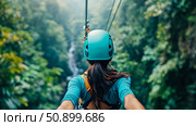 Adventure time: Woman on zipline above a lush forest - Explore tropical nature with thrilling outdoor activity. Стоковое AI-изображение, AI-художник Данила Большаков / Фотобанк Лори