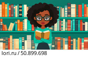Reading is Fundamental: Student in Library Holding an Open Book. Стоковое AI-изображение, AI-художник Данила Большаков / Фотобанк Лори