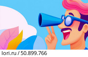 Visionary Prospect: A man using a telescope with vibrant hair, illustrating future opportunity. Стоковое AI-изображение, AI-художник Данила Большаков / Фотобанк Лори