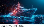 Luxurious Yacht: Conceptual schematic of a modern seafaring vessel, a blueprint for the future of travel and digital age adventure. Стоковое AI-изображение, AI-художник Данила Большаков / Фотобанк Лори