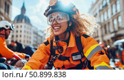 Dedicated Rescuer: A beaming first responder in action during an emergency operation, ensuring safety and hope amidst city distress. Стоковое AI-изображение, AI-художник Данила Большаков / Фотобанк Лори