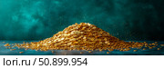 Treasure Trove: Abundance of Wealth, A mountain of golden coins for St. Patrick, symbolizing prosperity and fortune on a grungy teal , ideal for digital art. Стоковое AI-изображение, AI-художник Данила Большаков / Фотобанк Лори