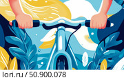 Summer Joyride: Bicycle Adventure amidst Blooming Foliage, a recreational activity Print Design, Card or Summer Poster. Стоковое AI-изображение, AI-художник Данила Большаков / Фотобанк Лори