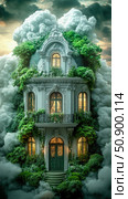 Whimsical cloud-shrouded mansion overgrown with greenery. Стоковое AI-изображение, AI-художник Данила Большаков / Фотобанк Лори