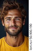 Portrait: An Attractive Man's Confident Smirk and Mesmerizing Blue Eyes. Стоковое AI-изображение, AI-художник Данила Большаков / Фотобанк Лори