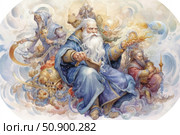 A fantastic watercolor illustration with images of sages, magicians or wizards surrounded by cosmic symbols and alchemical artifacts. The central figure is a gray-bearded old man in a robe, personifying knowledge, time or magic. He is surrounded by other characters with magical objects, as well as abstract elements: clocks, spheres, stars, glowing streams of energy. The artistic style is inspired by fairy tales and mythology, suitable for books, card games, tabletop RPGs, as well as the design of fantasy projects. Стоковое AI-изображение, AI-художник Анна Кривицкая / Фотобанк Лори