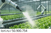 Advanced robotic irrigation in hightech greenhouse for sustainable agriculture. Стоковое AI-видео, аниматор Владимир Федоров / Фотобанк Лори