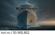 Majestic cruise ship navigating ocean waters at dusk in dramatic twilight scene. Стоковое AI-видео, аниматор Владимир Федоров / Фотобанк Лори