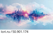 Utopia: A mirrored cityscape floating amidst pastel clouds, a concept for dreamlike architecture and urban design, a study of light and reflection. Стоковое AI-изображение, AI-художник Данила Большаков / Фотобанк Лори