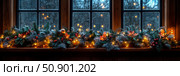 Holiday cheer: Winter solstice celebration window with festive garland lights and snowy view for Christmas card. Стоковое AI-изображение, AI-художник Данила Большаков / Фотобанк Лори
