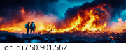 Heroic stand: Firefighter unit faces inferno, a moment of resolve against raging flames in landscape, demonstrating courage. Стоковое AI-изображение, AI-художник Данила Большаков / Фотобанк Лори