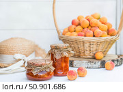 Preservation and summer harvest. Homemade healthy jelly, apricot jam. Preparing jars. Sweets and fruits. Стоковое фото, фотограф Photojuli / Фотобанк Лори