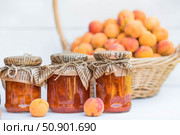 Preservation and summer harvest. Homemade healthy jelly, apricot jam. Preparing jars. Sweets and fruits. Стоковое фото, фотограф Photojuli / Фотобанк Лори