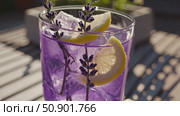 Lavender cocktail gleaming with ice, garnished by lemon slice and fragrant lavender sprigs, resting on rustic wooden surface, capturing summery beverage essence. Стоковое AI-видео, аниматор Данил Руденко / Фотобанк Лори